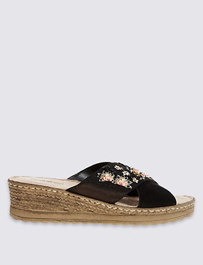 Suede Wedge Heel Embroidered Sandals Image 2 of 6