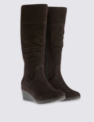 Suede wedge knee high 2024 boots