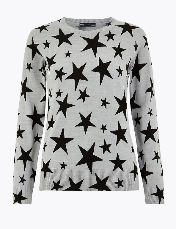 Ex Marks and Spencer Cotton Grey Jumper Star Design Beading Size 12-18 P66.Grey 