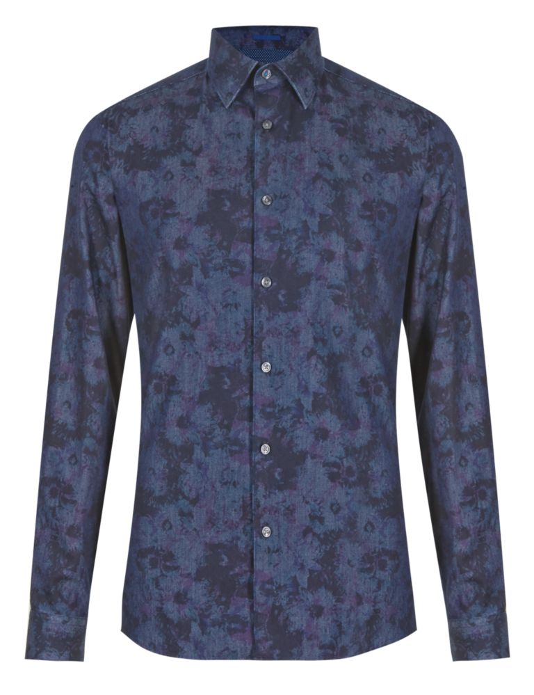 Supima® Cotton Tailored Fit Rose Print Chambray Shirt 2 of 4