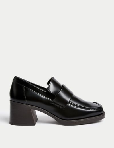 Leather Block Heel Square Toe Loafers | M&S US