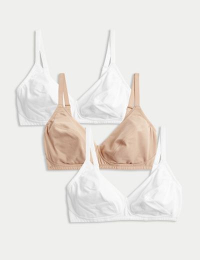 M&S 3pk Cotton & Lace Non Wired Full Cup Bras A-E - T33/7026