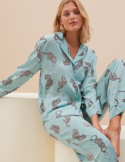 Marks & Spencer Women Clothing Loungewear Pajamas Dream Satin™ Tiger Print Pyjama Set 