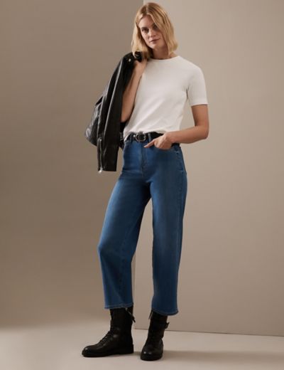 media Classificatie kooi Kort model jeans met hoge taille en wijde pijpen | M&S BE