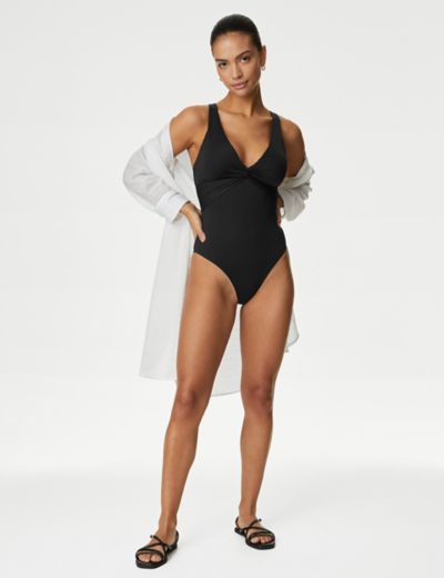 EX MARKS & SPENCER TUMMY CONTROL RIBBED PLUNGE BELTED SWIMMING COSTUME  SWIMSUIT