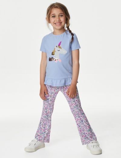 Cotton Rich Ribbed Floral Flared Leggings (2-8 Yrs), M&S Collection