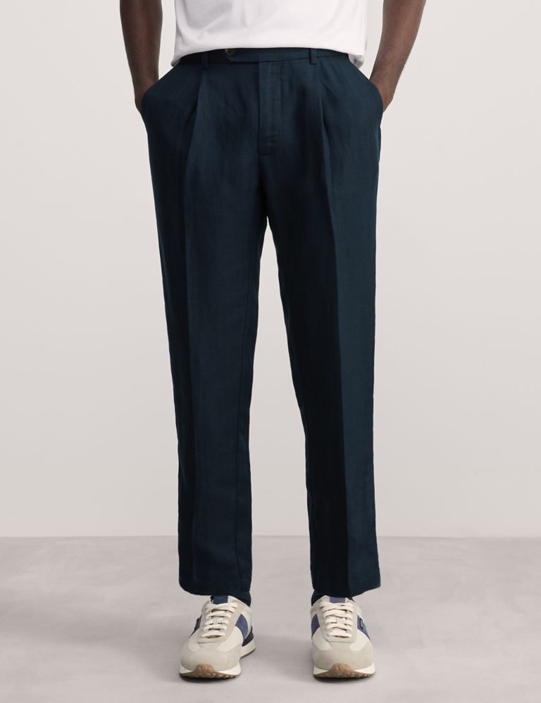 Tapered Fit Linen Blend Single Pleat Trousers 3 of 7