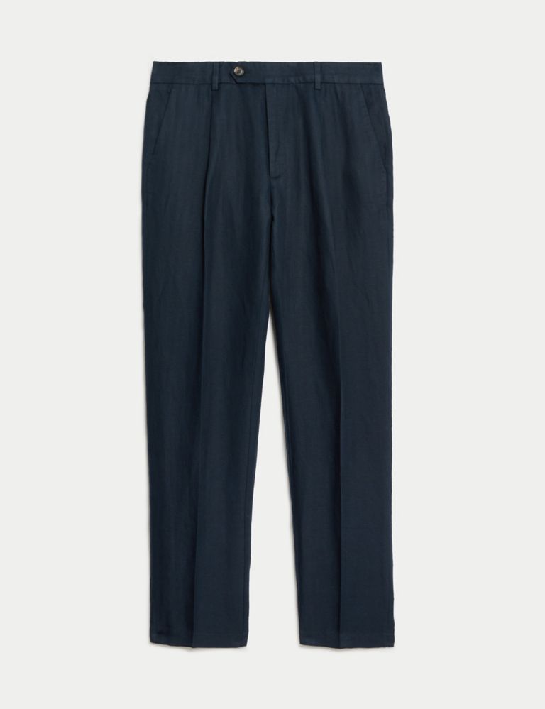 Tapered Fit Linen Blend Single Pleat Trousers 2 of 7