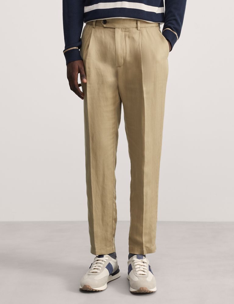 Tapered Fit Linen Blend Single Pleat Trousers 3 of 7