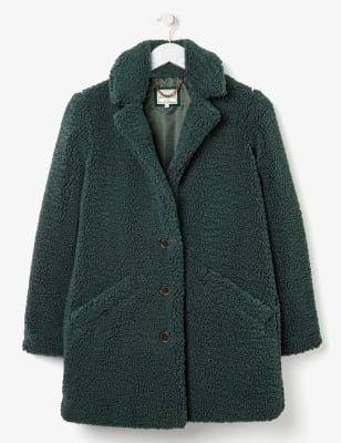 green boucle teddy coat