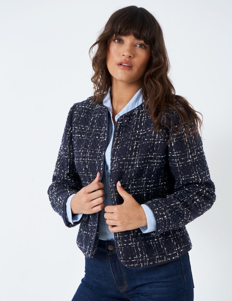 Textured Checked Collarless Short Jacket 1 of 4