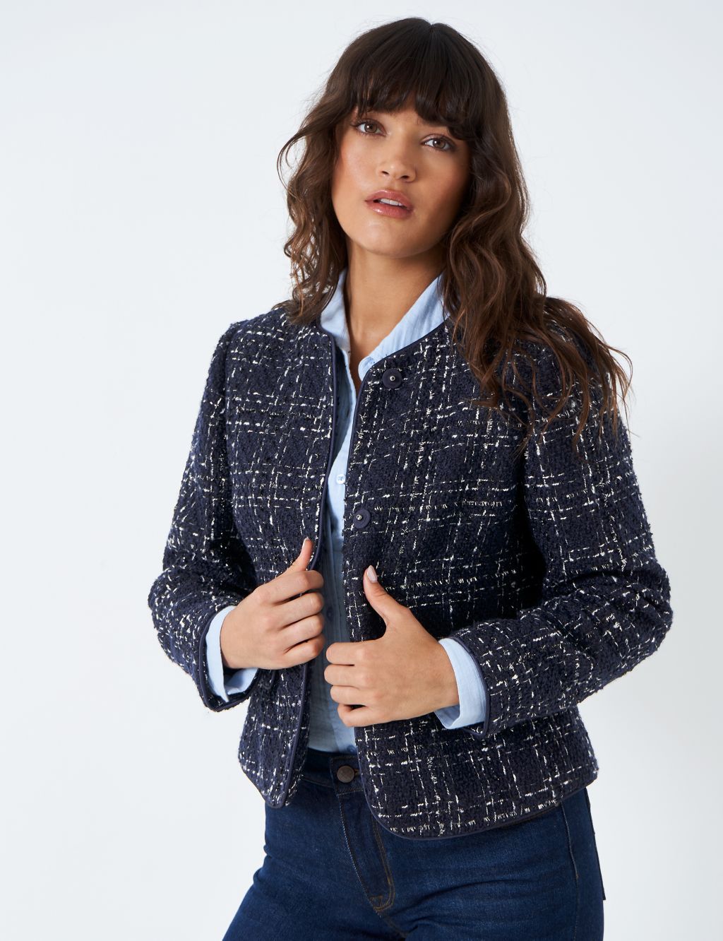 Textured Checked Collarless Short Jacket | Crew Clothing | M&S