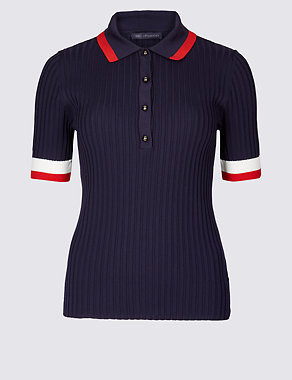 Textured Collared Neck Short Sleeve Jumper Image 2 of 4