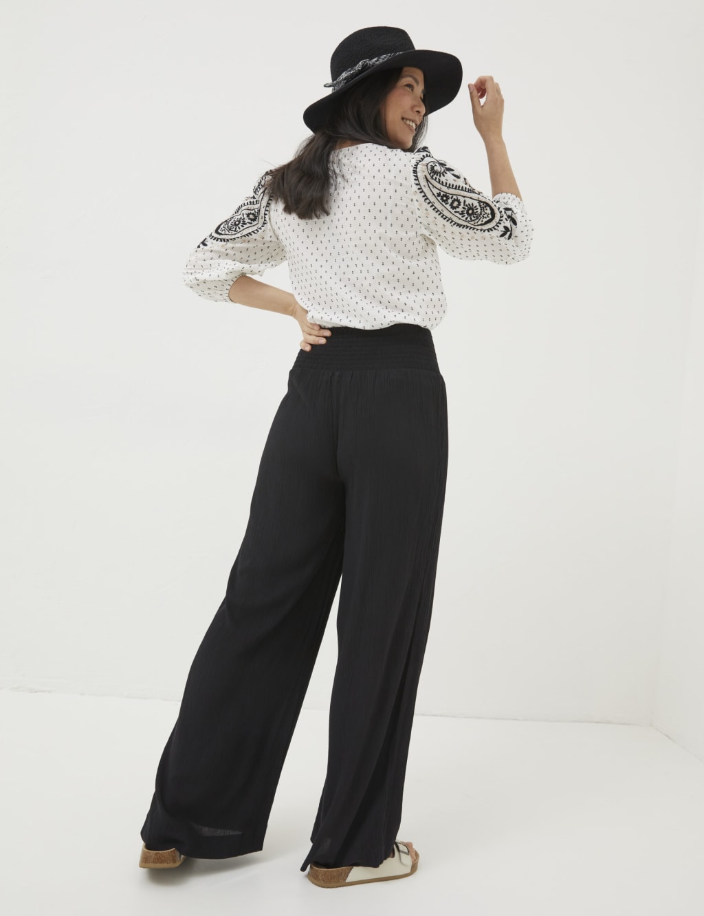 Textured Elasticated Waist Wide Leg Trousers