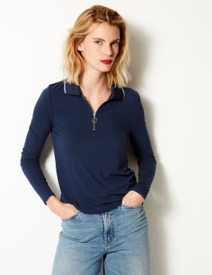 Navy blue long cheap sleeve polo shirt womens