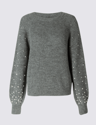 Textured Round Neck Pearl Sleeve Jumper Image 2 of 5