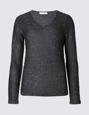 Textured Sequin V Neck Jumper M S Collection M S