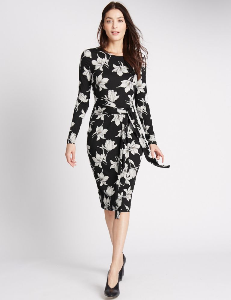 Tie Front Long Sleeve Bodycon Dress 1 of 4
