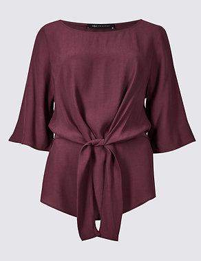 Tie Front Round Neck 3/4 Sleeve Blouse Image 2 of 4