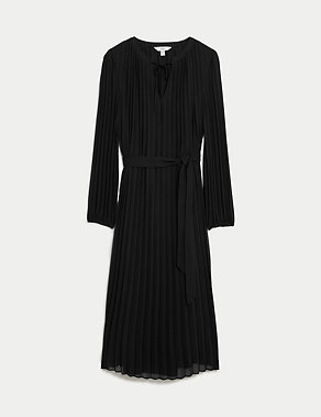 Tie Neck Pleated Belted Midi Column Dress Image 2 of 6