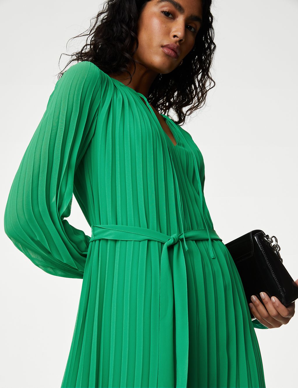 Tie Neck Pleated Belted Midi Column Dress 2 of 5