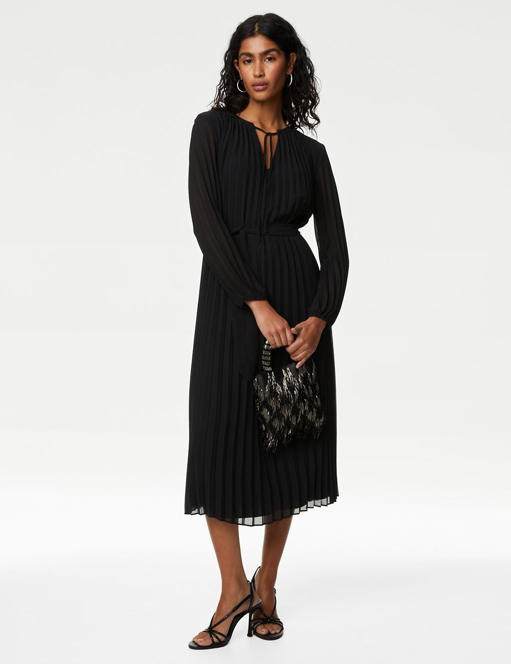 Tie Neck Pleated Belted Midi Column Dress 2 of 6