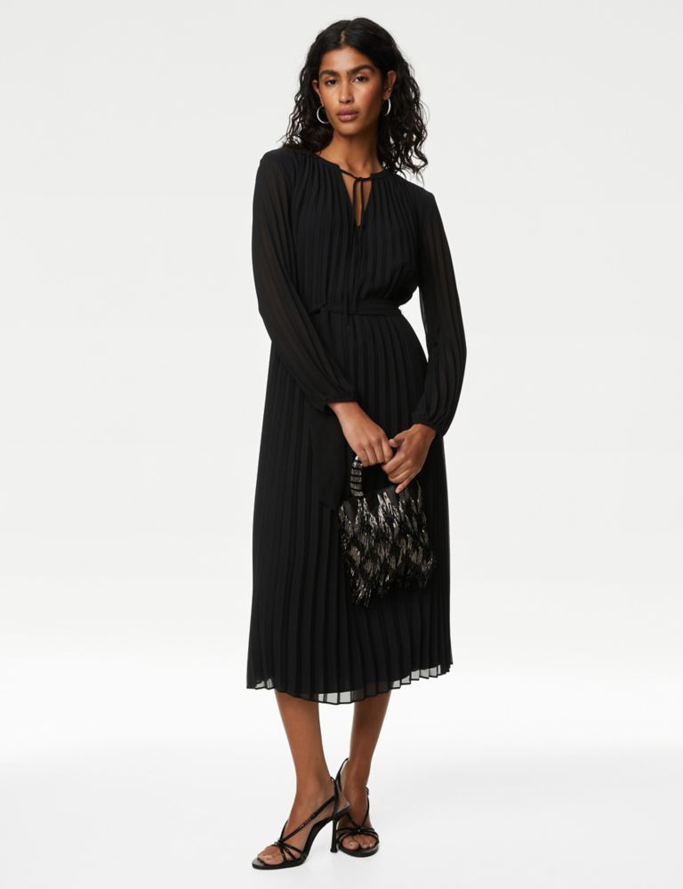 Tie Neck Pleated Belted Midi Column Dress 1 of 6