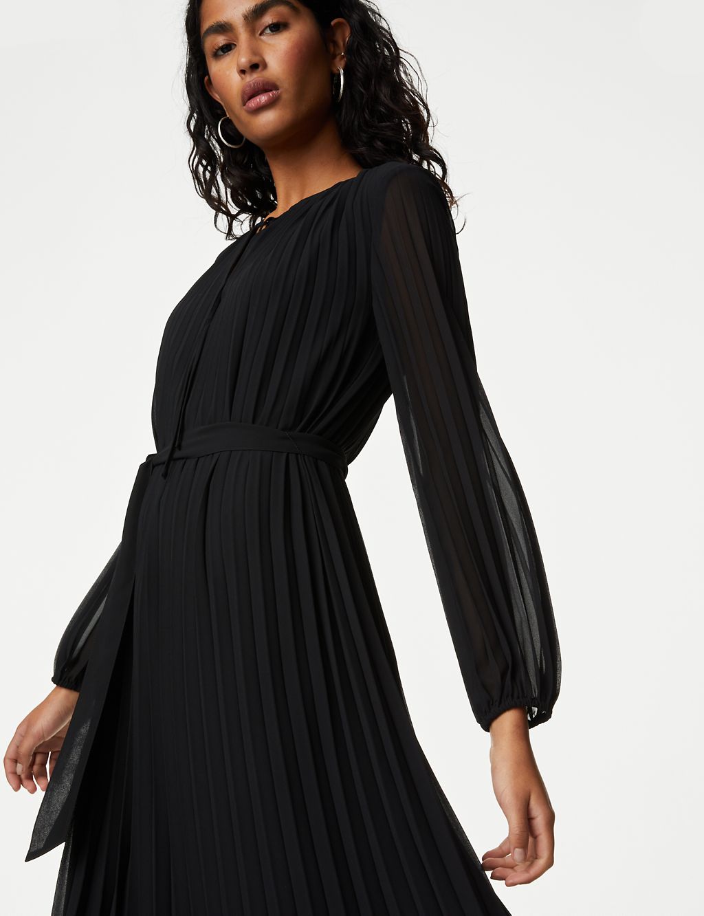 Tie Neck Pleated Belted Midi Column Dress 4 of 6