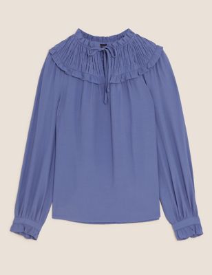 Tie Neck Shirred Long Sleeve Blouse Image 2 of 4