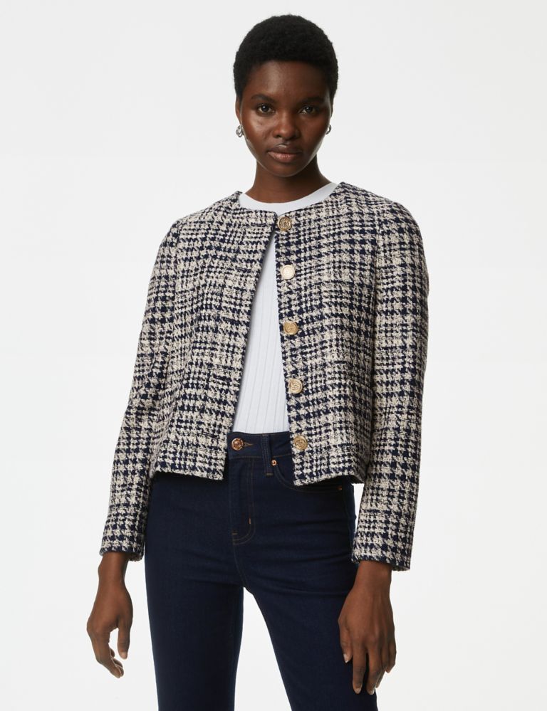 Tweed Checked Collarless Short Jacket, M&S Collection