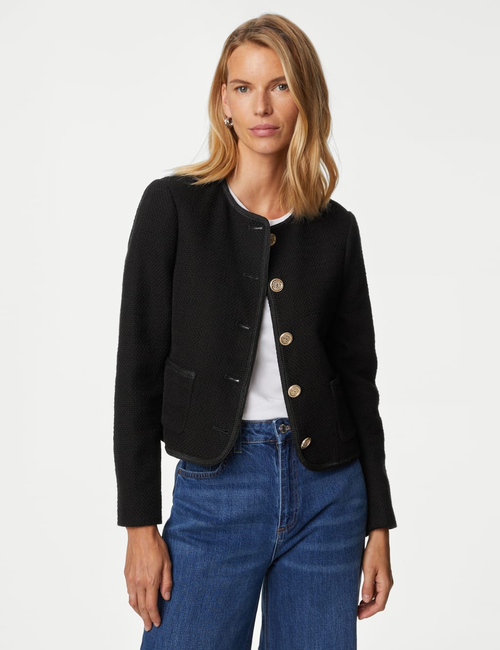 Collarless tweed jacket hot sale