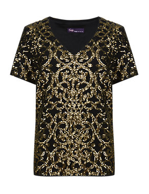 Twiggy for M&S Collection Sequin Embellished T-Shirt Image 2 of 3