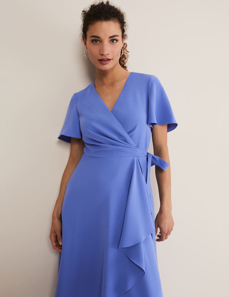 V-Neck Angel Sleeve Knee Length Wrap Dress