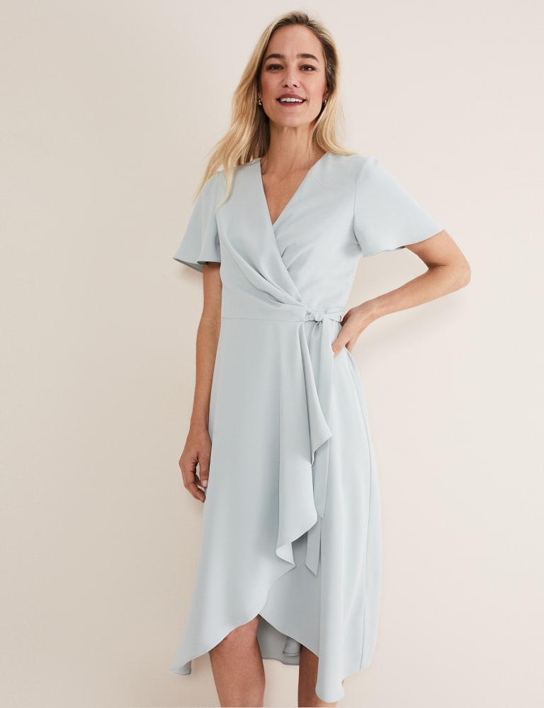 V-Neck Angel Sleeve Knee Length Wrap Dress 1 of 6