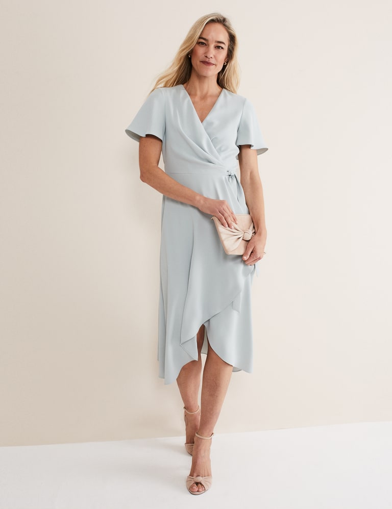 V-Neck Angel Sleeve Knee Length Wrap Dress 5 of 6