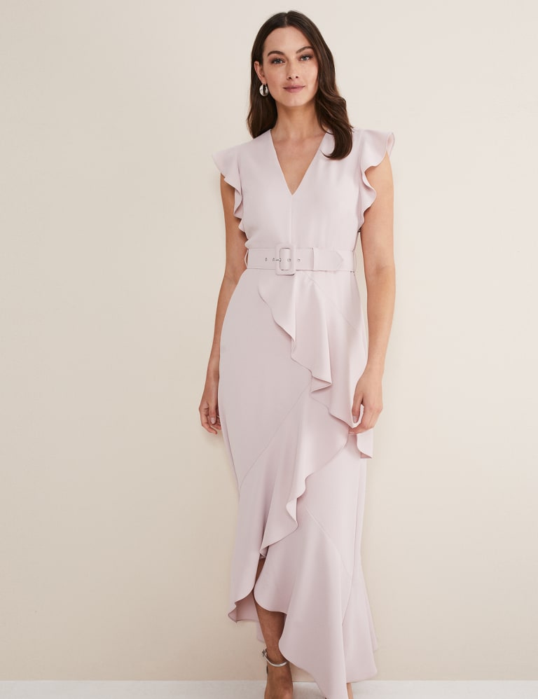V Neck Belted Ruffle Maxi Waisted Dress