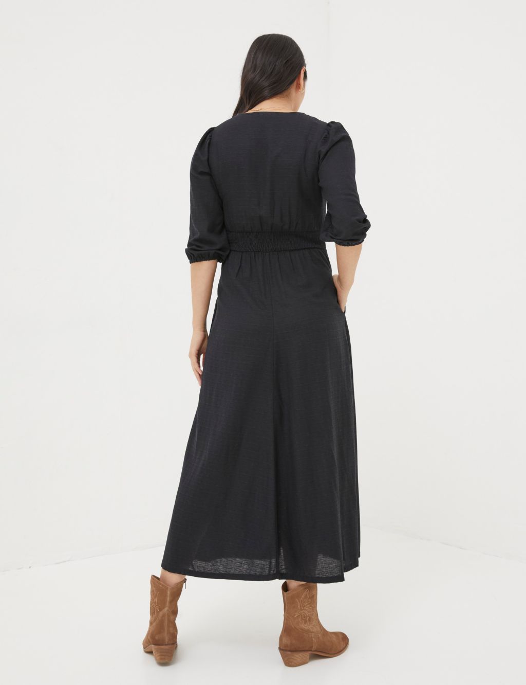 V-Neck Blouson Sleeve Midi Waisted Dress 2 of 5