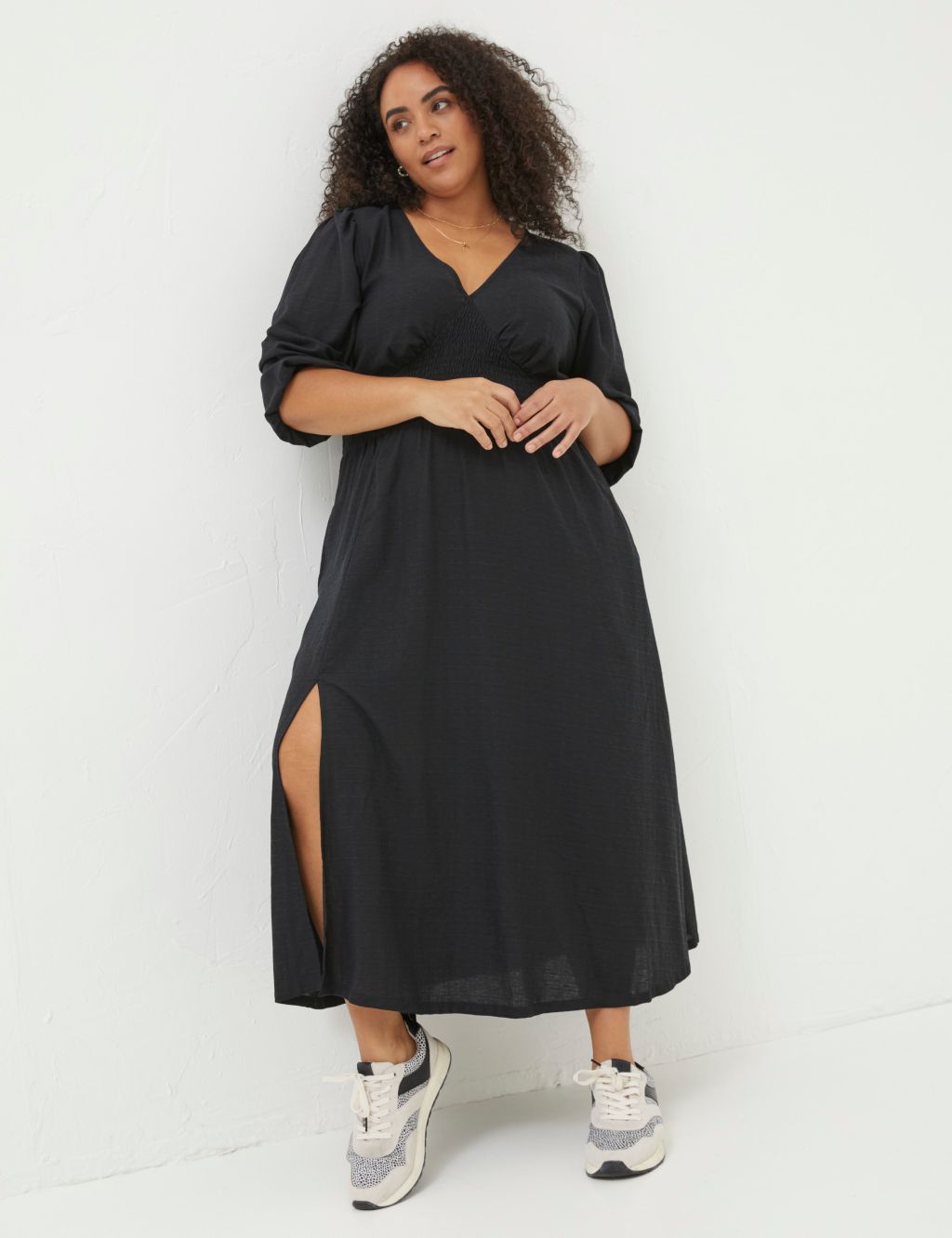 V-Neck Blouson Sleeve Midi Waisted Dress | FatFace | M&S