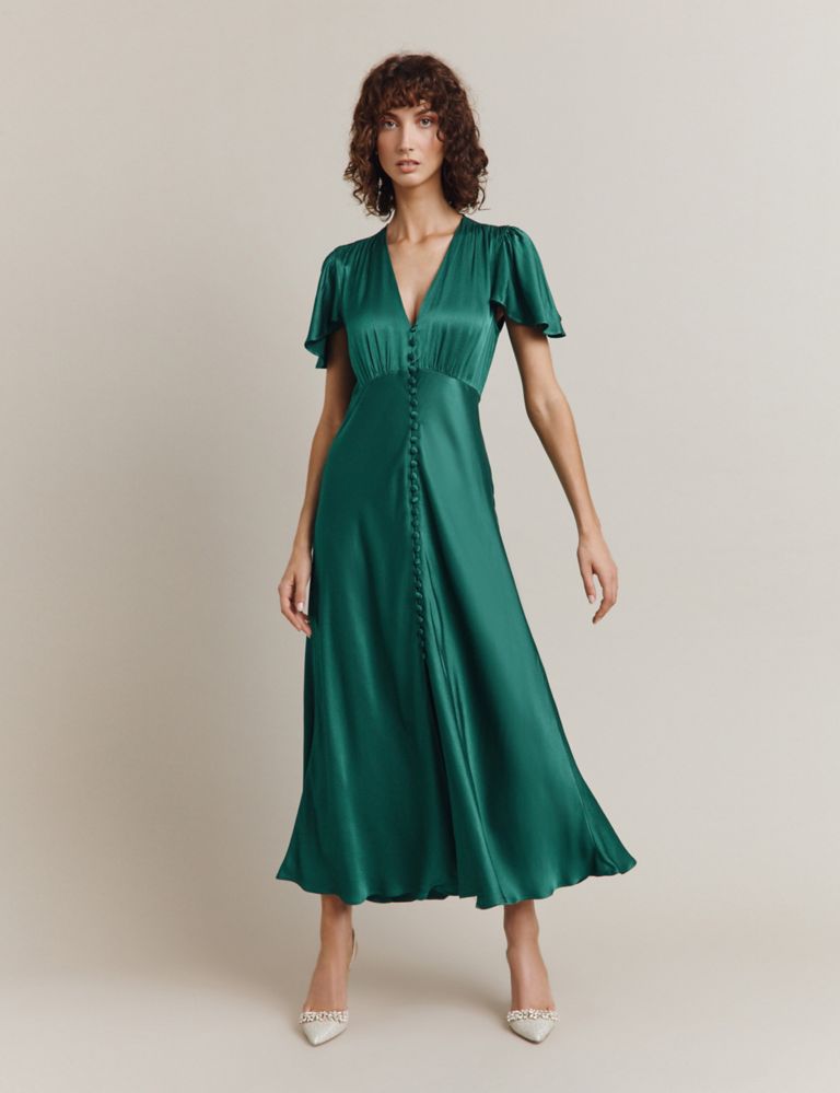 V-Neck Button Front Midi Swing Dress 1 of 4