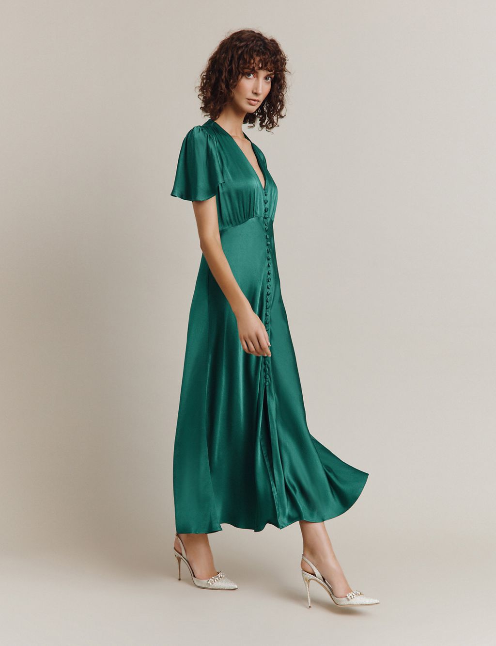 V-Neck Button Front Midi Swing Dress 2 of 4