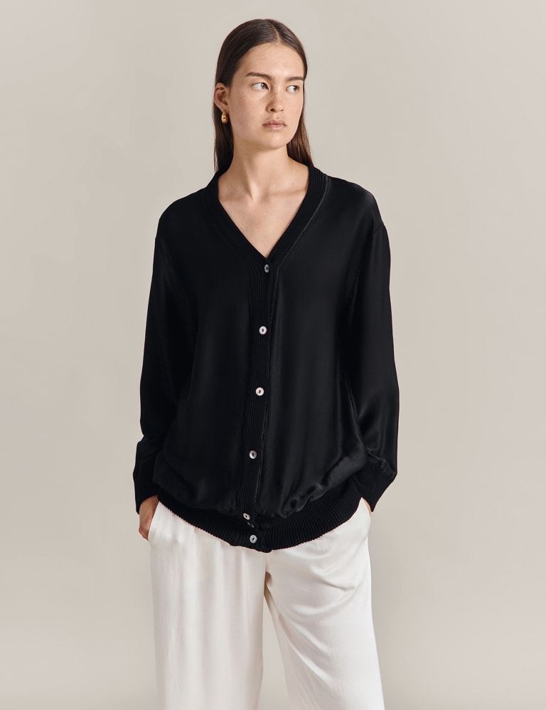 V Neck Button Front Relaxed Cardigan
