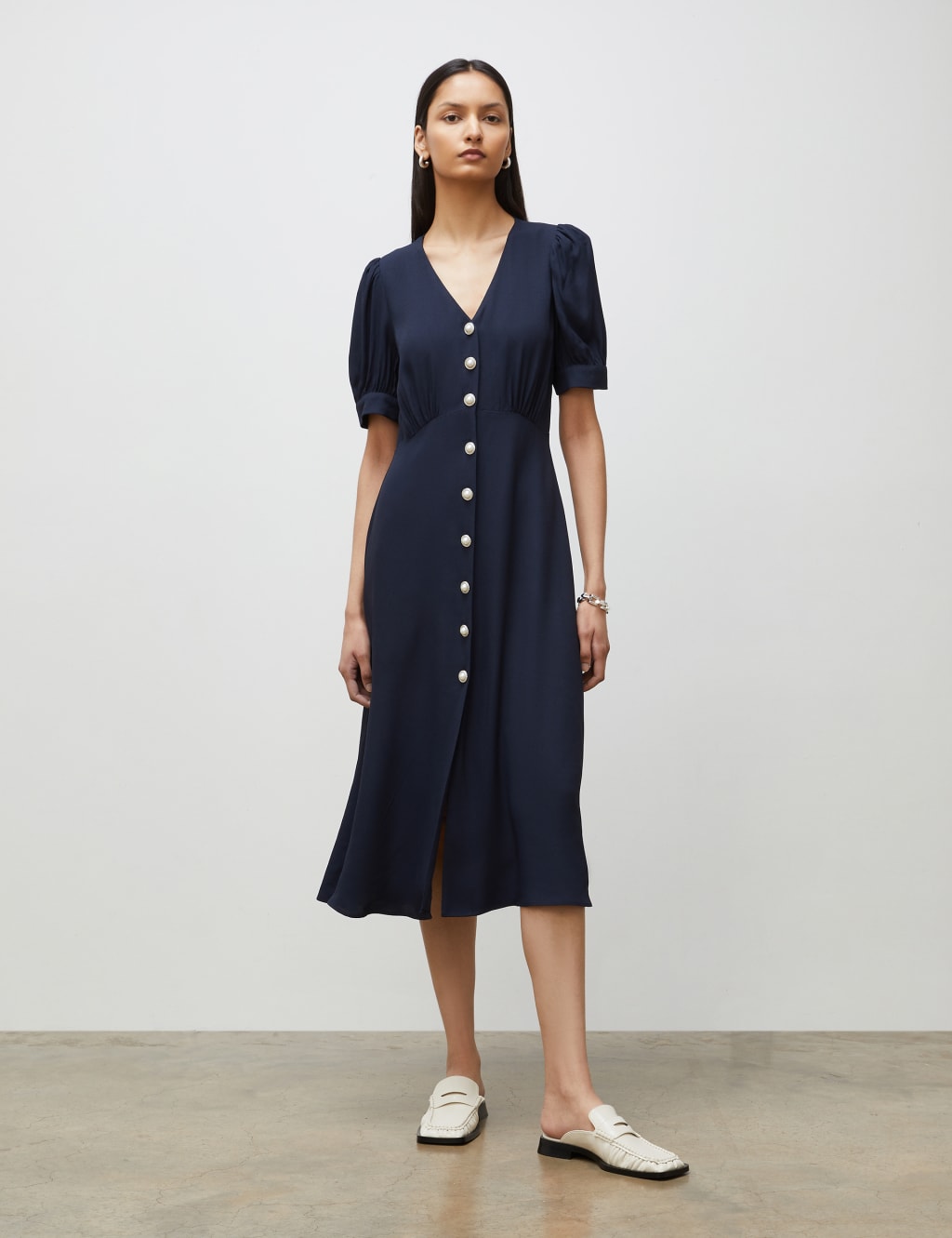 V Neck Button Through Midi Waisted Dress Finery London M S