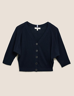 V-Neck Cropped Cardigan with Linen Image 2 of 5