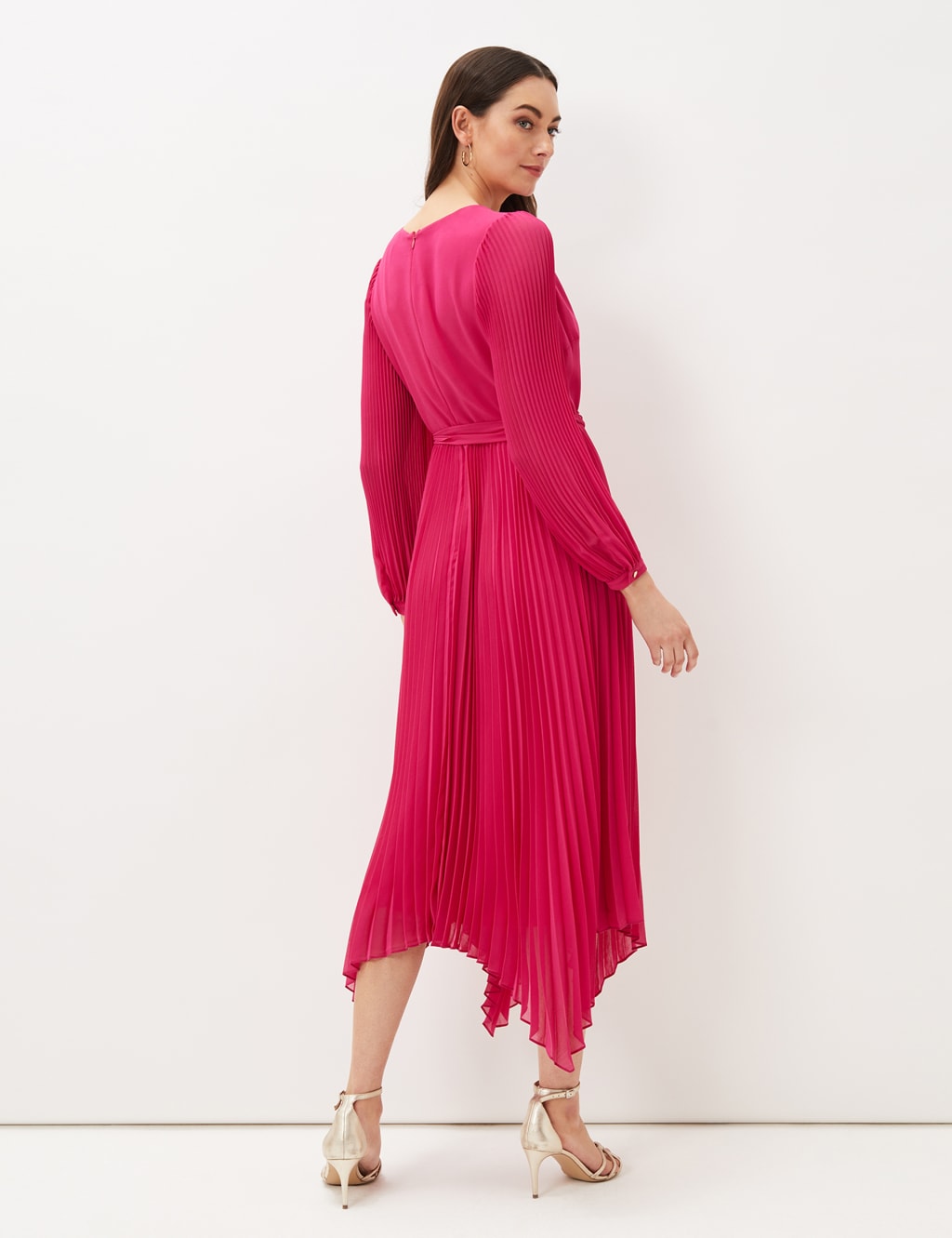 V-Neck Pleated Tie Belt Midi Wrap Dress 2 of 4