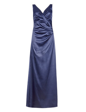 V-Neck Pleated Waist Satin Maxi Bridesmaid Dress ONLINE ONLY Image 2 of 4