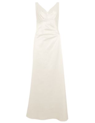 V-Neck Pleated Waist Satin Maxi Bridesmaid Dress ONLINE ONLY Image 2 of 5
