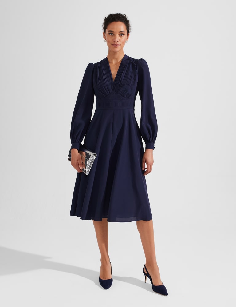 V Neck Puff Sleeve Midi Swing Dress HOBBS M S