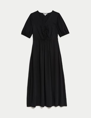 V-Neck Puff Sleeve Midi Waisted Dress Image 2 of 5