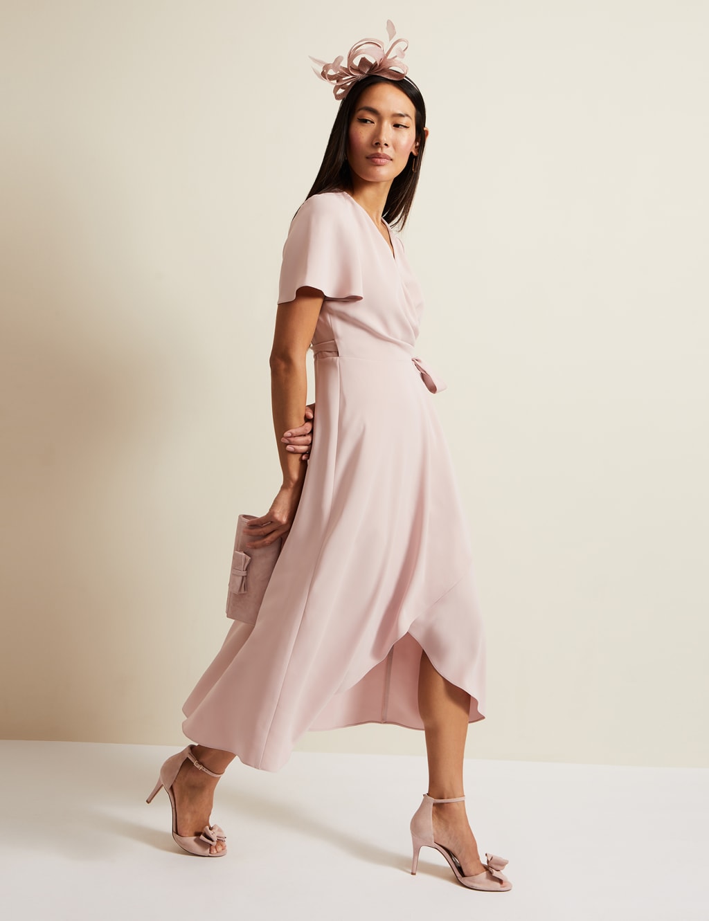 V-Neck Ruffle Angel Sleeve Midi Wrap Dress