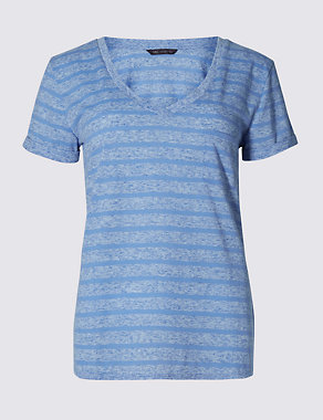 V-Neck Striped T-Shirt with Linen Image 2 of 3